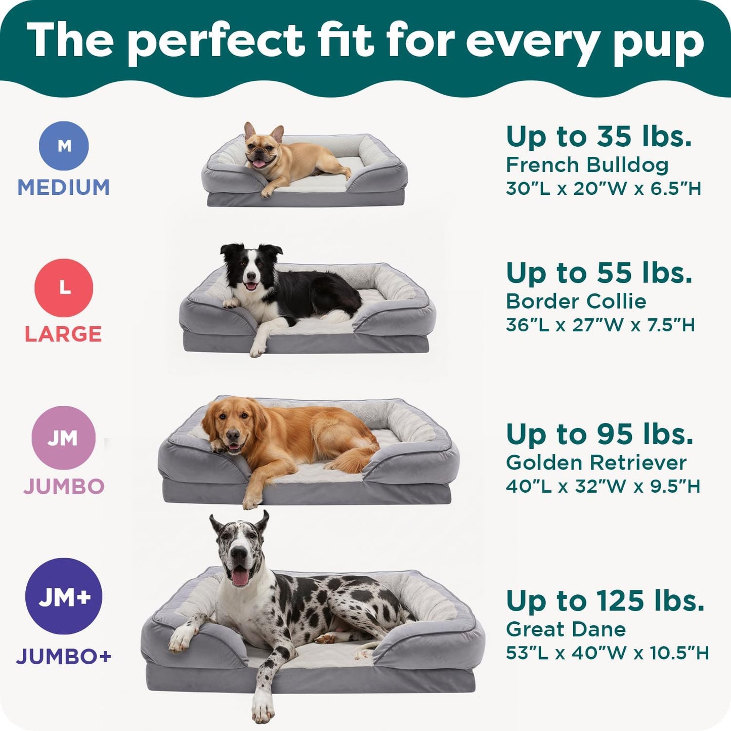 Orthopedic Dog Bed for Large Dogs W/ Removable Bolsters & Washable Cover, for Dogs up to 95 Lbs - Plush & Velvet Waves Perfect Comfort Sofa - Granite Gray, Jumbo/Xl