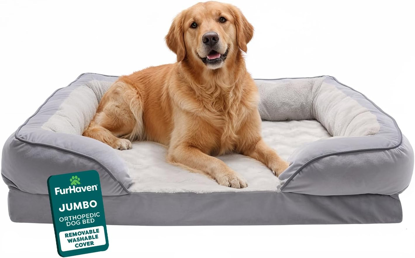 Orthopedic Dog Bed for Large Dogs W/ Removable Bolsters & Washable Cover, for Dogs up to 95 Lbs - Plush & Velvet Waves Perfect Comfort Sofa - Granite Gray, Jumbo/Xl