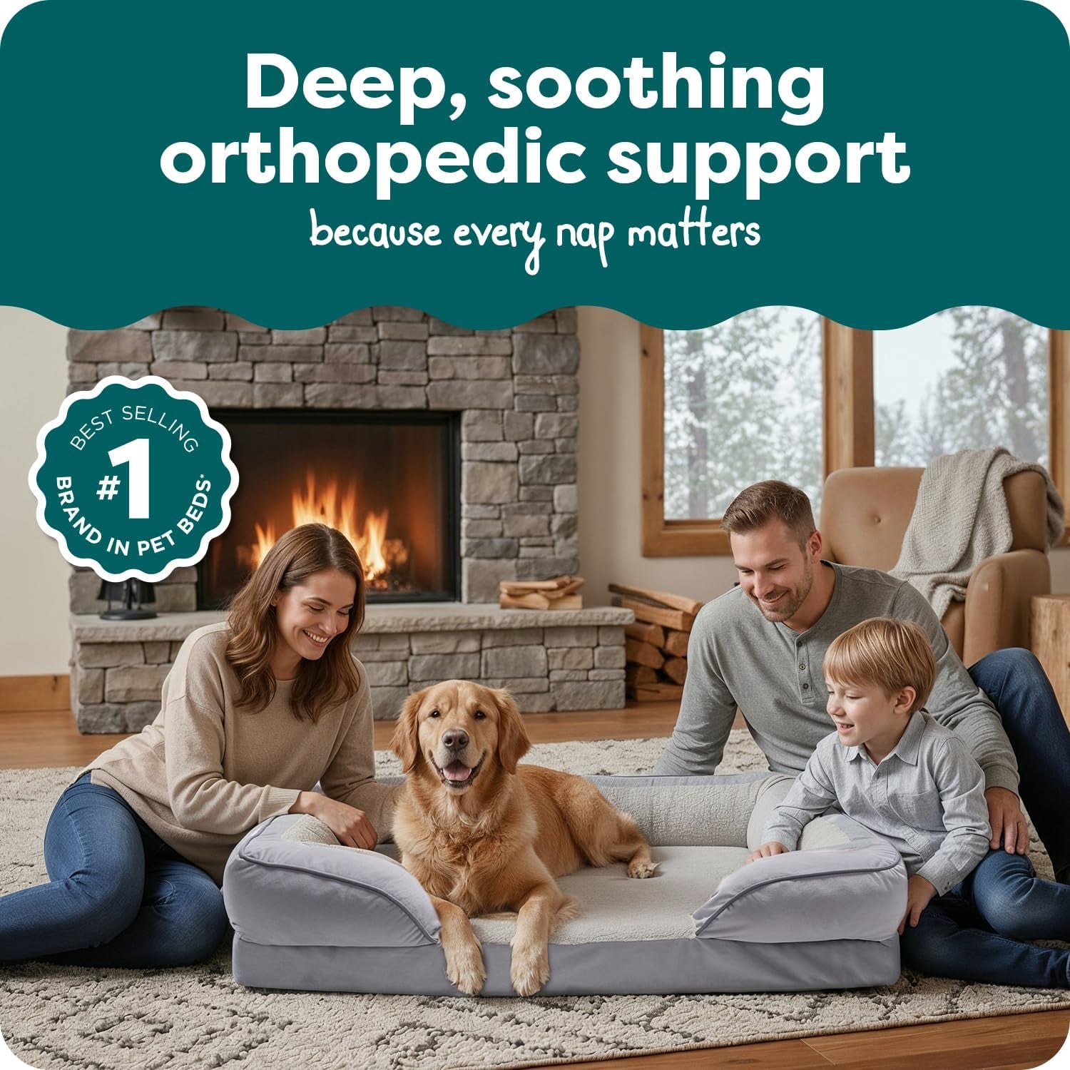Orthopedic Dog Bed for Large Dogs W/ Removable Bolsters & Washable Cover, for Dogs up to 95 Lbs - Plush & Velvet Waves Perfect Comfort Sofa - Granite Gray, Jumbo/Xl
