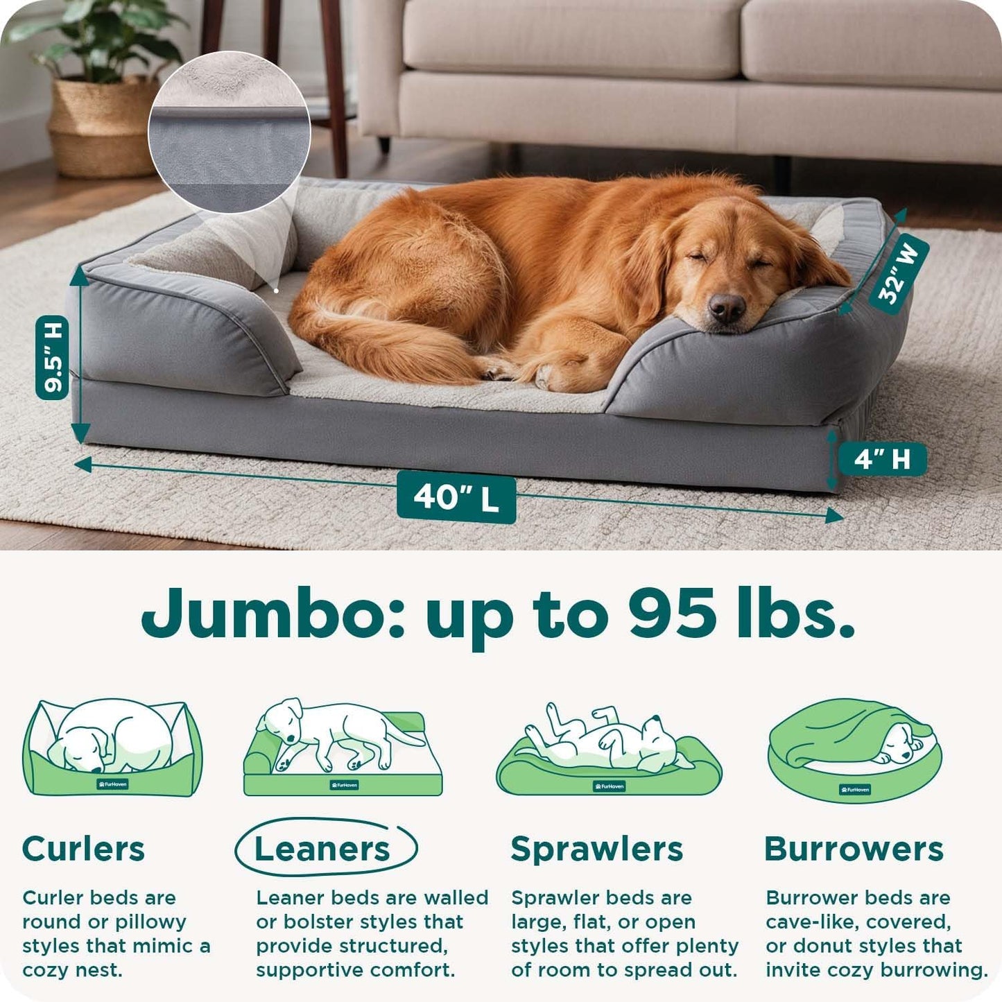 Orthopedic Dog Bed for Large Dogs W/ Removable Bolsters & Washable Cover, for Dogs up to 95 Lbs - Plush & Velvet Waves Perfect Comfort Sofa - Granite Gray, Jumbo/Xl