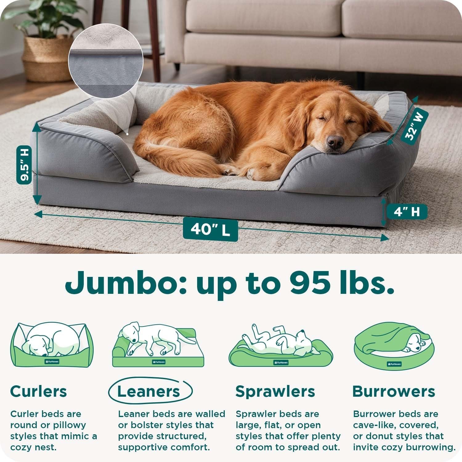 Orthopedic Dog Bed for Large Dogs W/ Removable Bolsters & Washable Cover, for Dogs up to 95 Lbs - Plush & Velvet Waves Perfect Comfort Sofa - Granite Gray, Jumbo/Xl