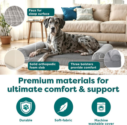 Orthopedic Dog Bed for Large Dogs, Sofa Contour Mattress with Solid Orthopedic Foam Slab for Joint Support, Removable Washable Cover, Jumbo plus XXL, Faux Fur, Charcoal